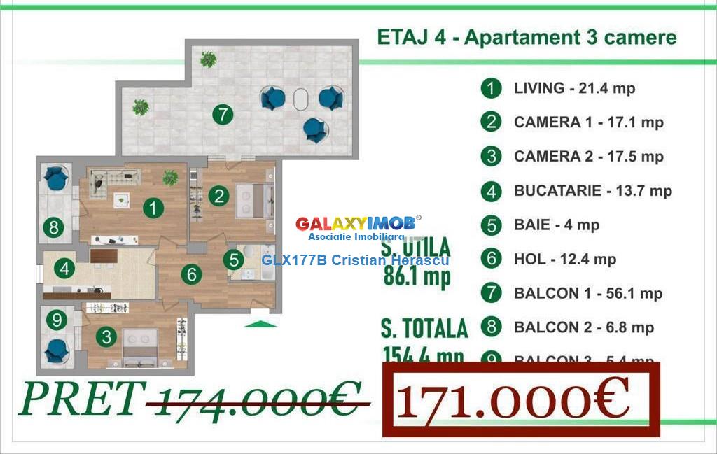 Colentina Apartament 3 camere 86 mpu + terasa 56 mp